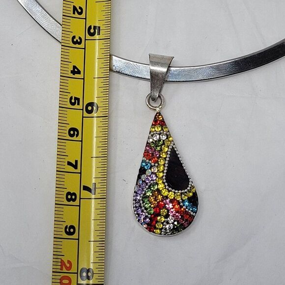 Artisan 925 Teardrop Multicolor Micro Mosaic Crystal Torque Necklace Earring Set - Picture 9 of 16